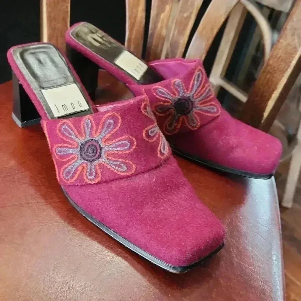 IMPO Embroidered Floral Wool Slides‎ Heels BOHO sz 6.5